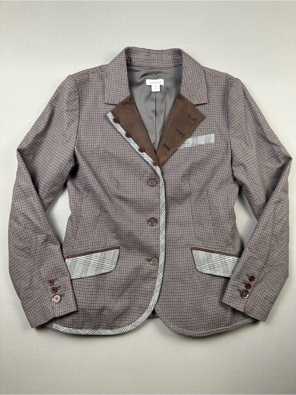Sundance Quincy Blazer, Plaid, Suede Lapels, Mixed Media - Womens Petite Small